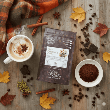 Dirty Chocolate Chai Coffee package with a cup of coffee, coffee beans, and autumn leaves on a wooden surface.